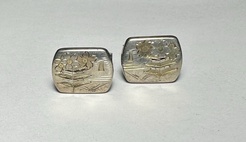 Sterling Cufflinks Asian Scene; Pagoda, My. Fuji, Cherry Blossoms