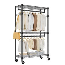 3/Tier Heavy Duty Rolling Garment Racks Clothing Shelves 15.7"*29.5"*74.5" Black