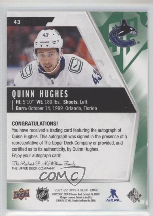 2021-22 SPx Auto Quinn Hughes #43 Auto - Image 2 of 2
