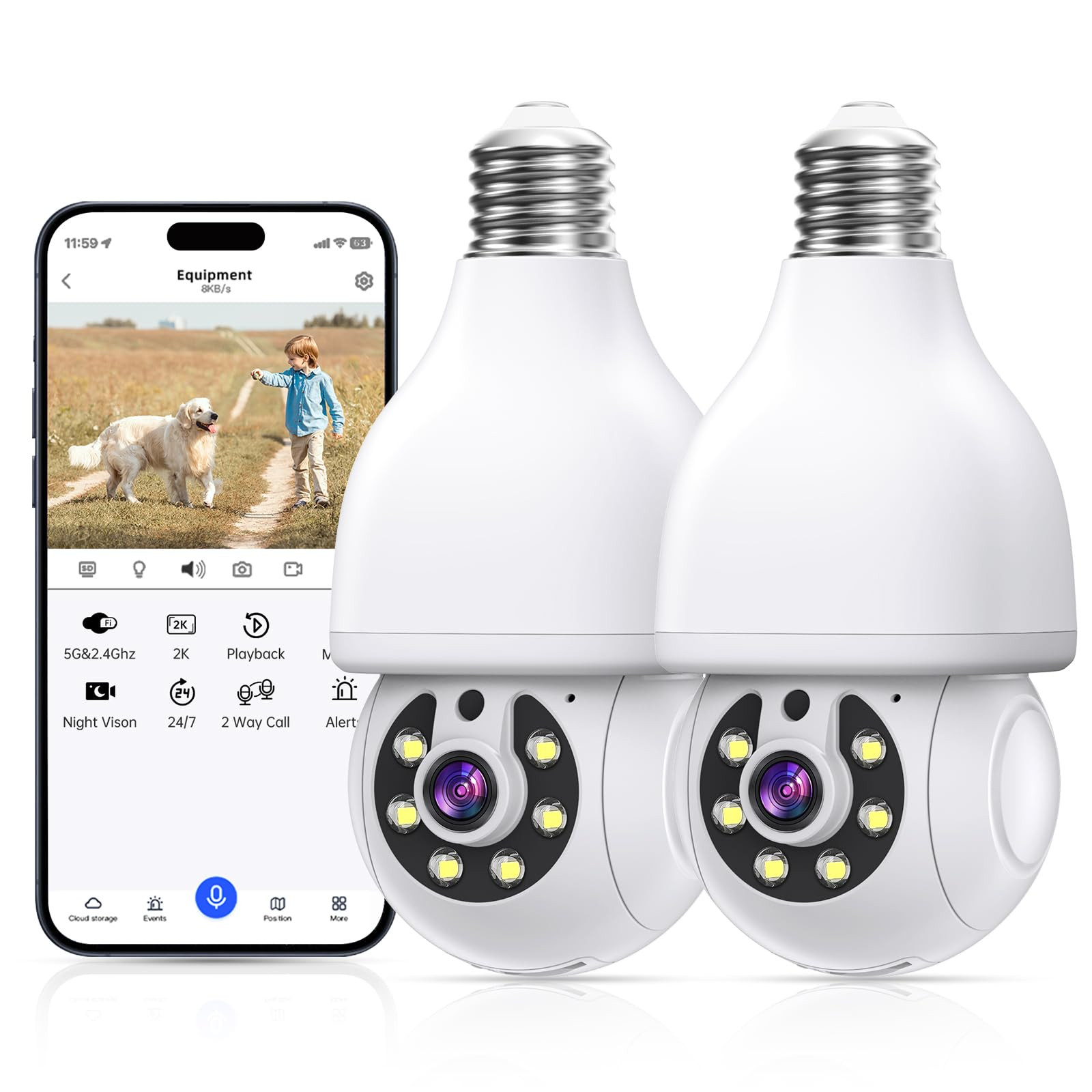 5G 2K WiFi Light Bulb Security Camera for Outdoor Wireless Surveillance