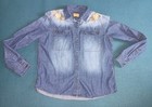 Driftwood Womens Denim Button down  Shirt Sz Large Embroidery floral 
