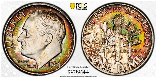MS67 1964-D 10C Roosevelt Silver Dime, PCGS Trueview- Rainbow Toned