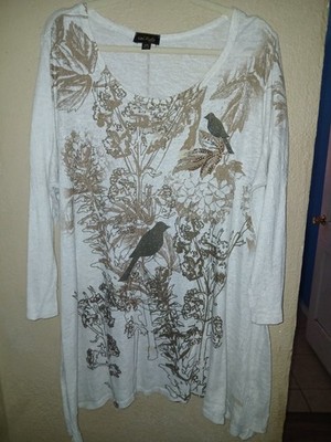 Cal Style Sz 3xl BOHO Tunic Top Asymmetrical Hem Rhinestones Birds Nature Flax