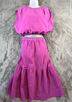 Rachel Pally Skirt Set Womens  XL Purple Crop Top Blouse Midi Skirt