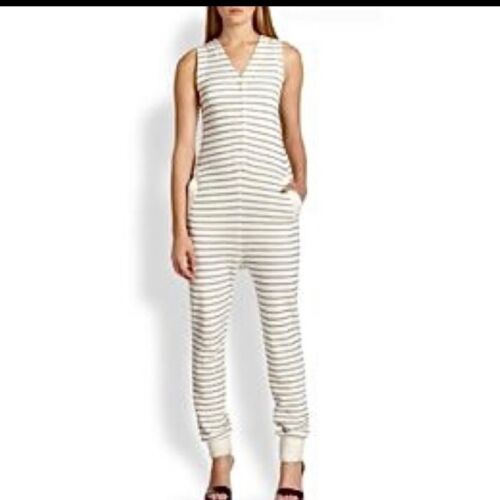 T Alexander Wang Stripe Jumpsuit  textured ribbed snap button EUC XS Extra Small - Afbeelding 1 van 5