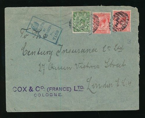 GB ARMY of THE RHINE COX AGENTS + CENSOR + 2 1/2d CANCELLED LC1 BARRED NUMERAL - Picture 2 of 3