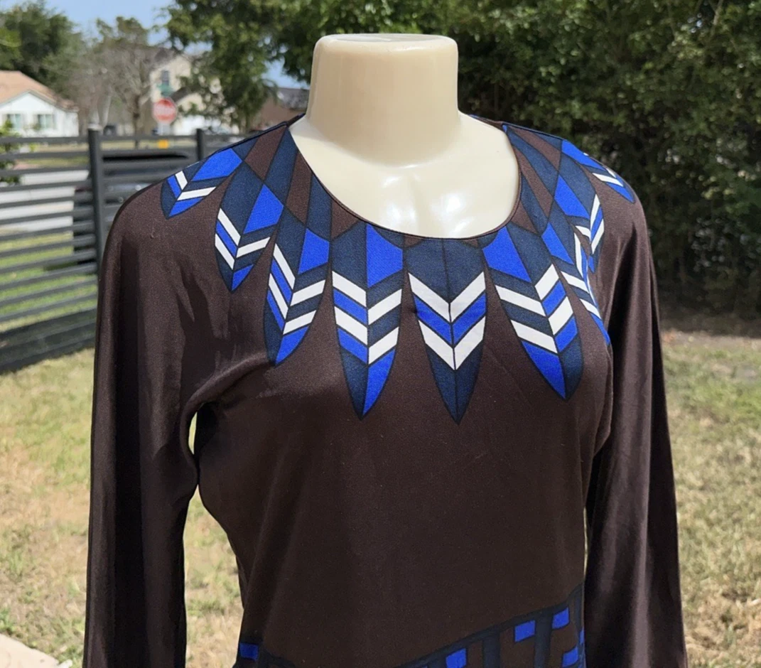 TORY BURCH ABITO CASUAL MARRONE MULTICOLORE STAMPA SETA MANICA LUNGA Tg L