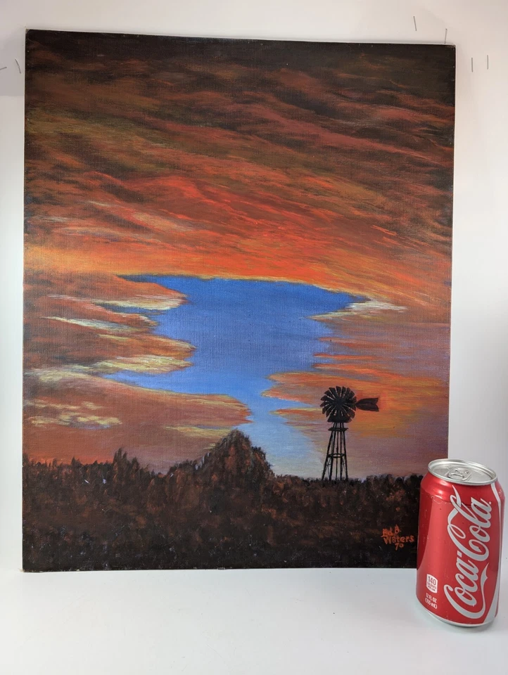 Molino de viento Ed B Waters Southern al atardecer.  Pintura al óleo original.  Firmado 1970. Foto 2 de 4