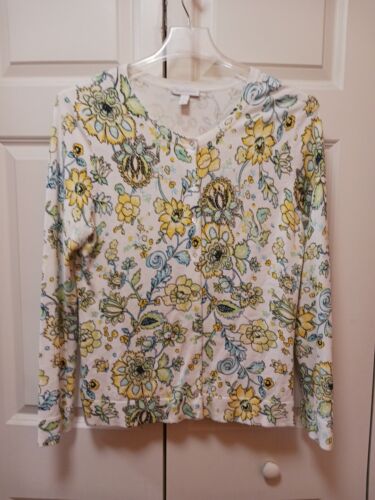 Charter Club Cardigan Sweater Lge White W Yellow Lt Blue Black Floral Long Slv