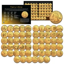1999-2009 COMPLETE SET of ALL 56 Statehood U.S. Quarters 24K GOLD PLATED Coins