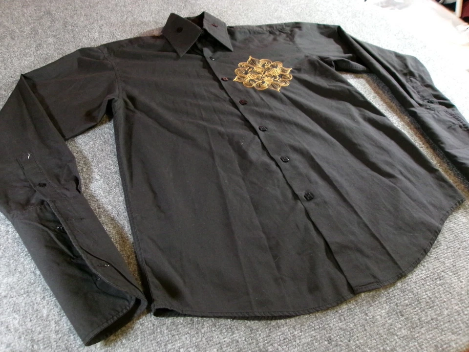 Camisa Manzini Para Hombre Mediana Negra Bordada Manga Larga Algodón Claro Con Botones Foto 2 de 4