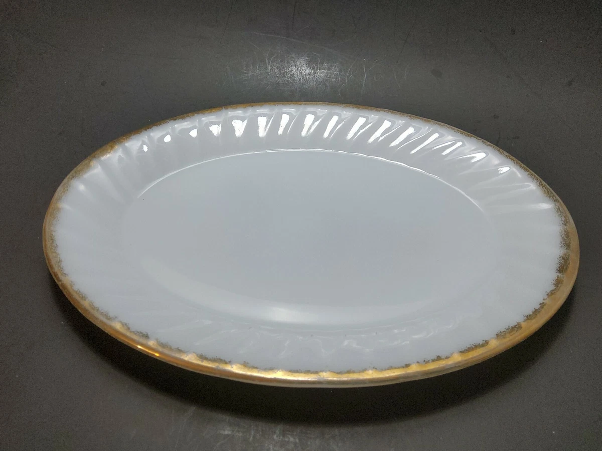 Anchor Hocking Fire King Milk Glass Swirl Gold Rim 12 Platter