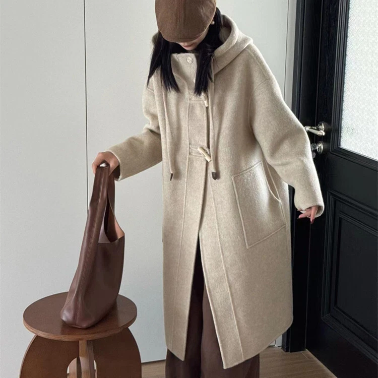 OFF WHITE Parka donna lana con cappuccio stile coreano autunno inverno 2024 cappotti casual larghi