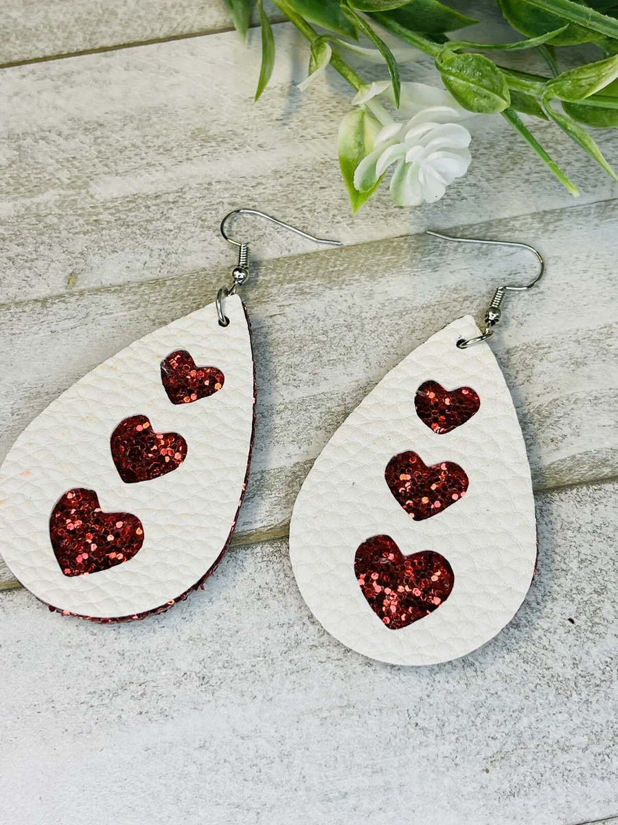 Faux Leather Earrings, Valentine's Earrings, White with Red Glitter Hearts  | eBay