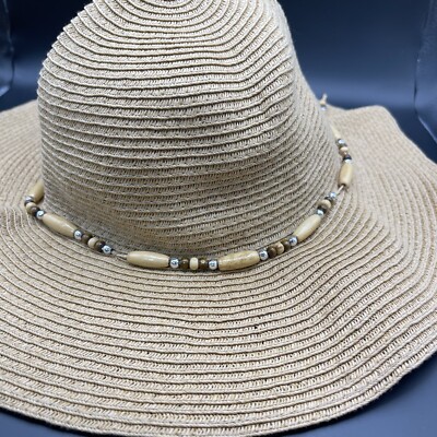 Floppy Hat - NEW - Never worn - Lifht Beige Hat Hand Beaded Stones BOHO Style Floppy Hat With Wide Brim With Frayed Edges  main image 4
