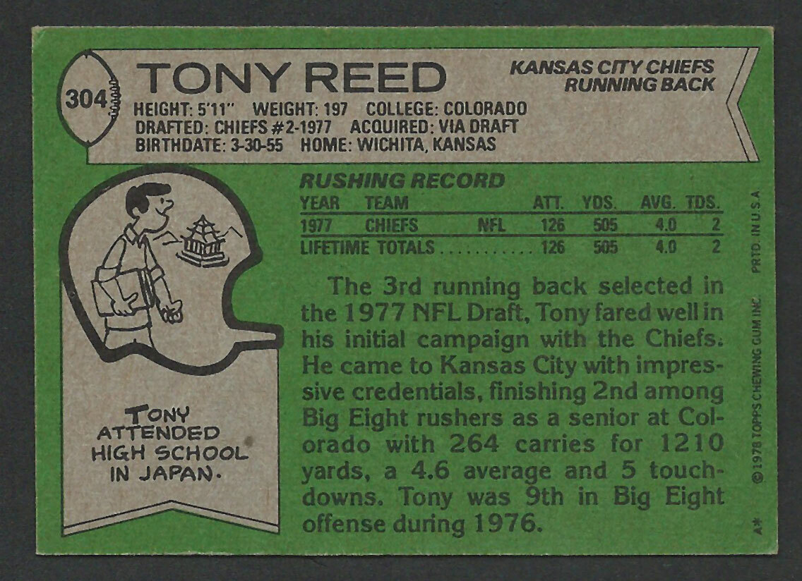 1978 Topps 304 TONY REED Kansas City Chiefs ROOKIE 01 eBay