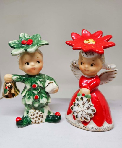 Vintage Napco Poinsettia Girl Angel & Holly Boy Salt & Pepper Shakers