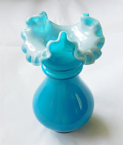 Vtg Fenton Art Glass Teal Blue Cased Glass Ruffled Rim Vase 6.25" Tall