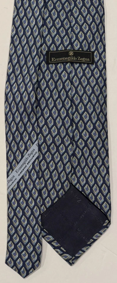 Corbata italiana de seda geométrica diamante azul Ermenegildo ZEGNA 58"" Foto 3 de 4