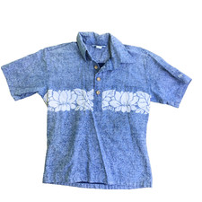 Vintage OP Ocean Pacific Sunwear Medium Hawaiian Print Blue Polo Shirt Floral
