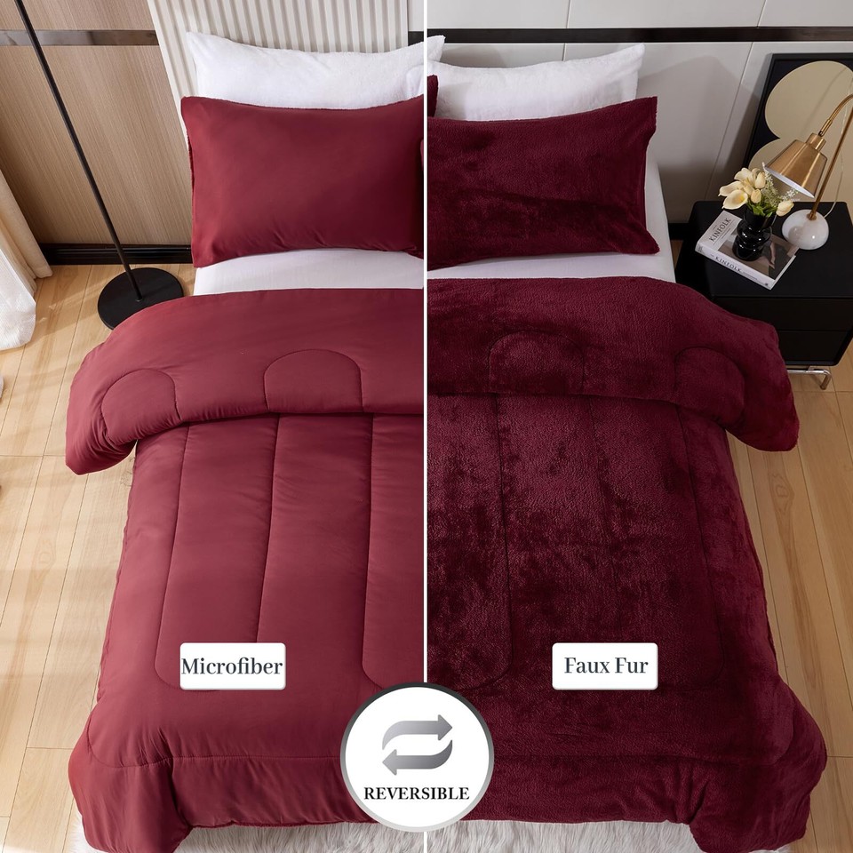 YIYEA Faux Fur Comforter Set Queen Size Luxury Ultra Soft Fuzzy