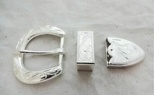 Abilene Silver Plate 3 Piece Buckle Set Hansen Western Gear Horse Tack Heel Belt