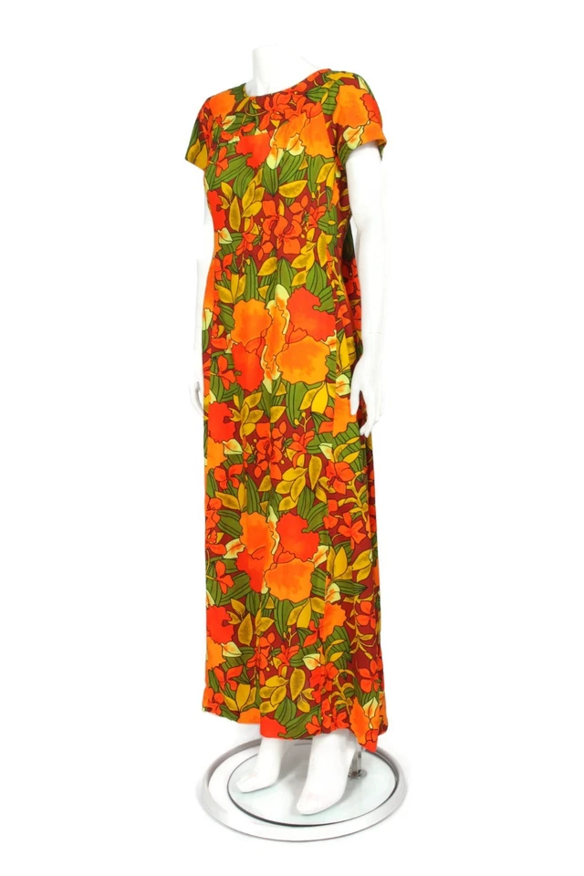 Maxi Vestido Hawaiano De Colección Años 60 70 Hecho en Hawaii Talla 12 Acrílico Naranja Floral 501 Foto 3 de 4