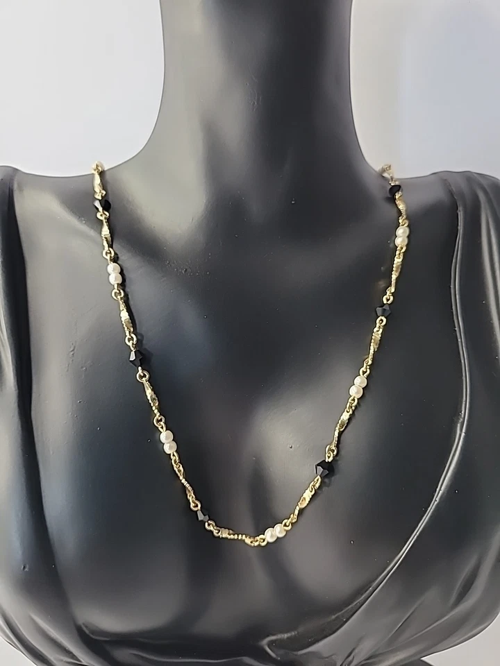 Vintage Premier Designs Necklace Chain Gold Tone Mini Beaded Black White Jewelry - Image 3 of 4