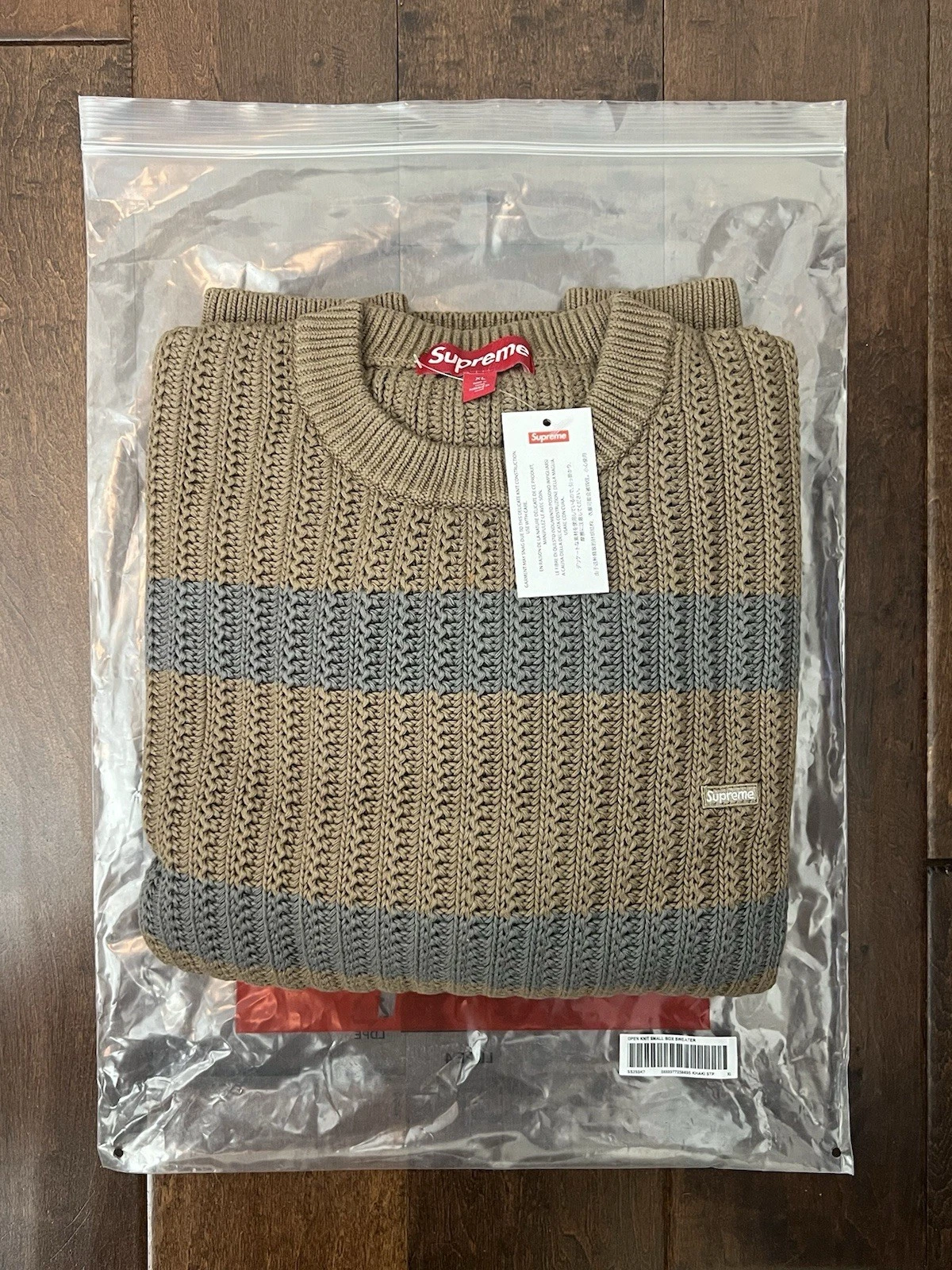 Pull Supreme SS25 Loose Gauge Stripe petite boîte marron kaki taille XL EN MAIN