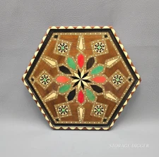 Vintage Spanish Terrace Marquetry Inlaid Wood And Bone Hexagonal Tray Decorative