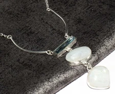 Most Beautiful Rainbow Moonstone Blue Topaz Necklace Gemstone 19" GW