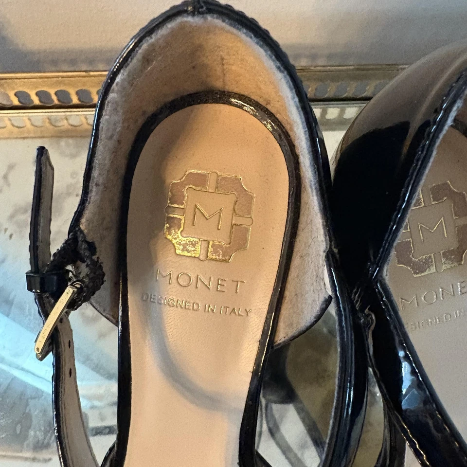 Zapatos Monet para mujer talla 6,5 M charol negro Italia punta abierta correa de tacón alto Foto 4 de 4