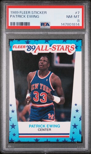 1989 Fleer Sticker #7 Patrick Ewing PSA 8 Knicks HOF NBA Basketball Vintage Card