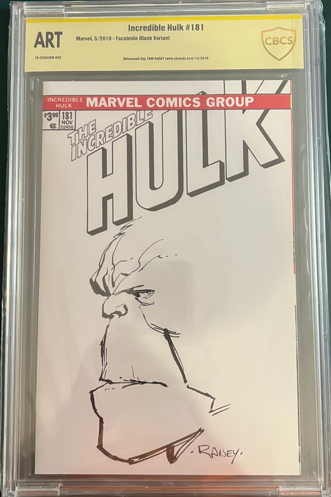 Incredible Hulk Facsimile #181 2019 Tom Raney Hulk Sketch CBCS Slab Art GB02