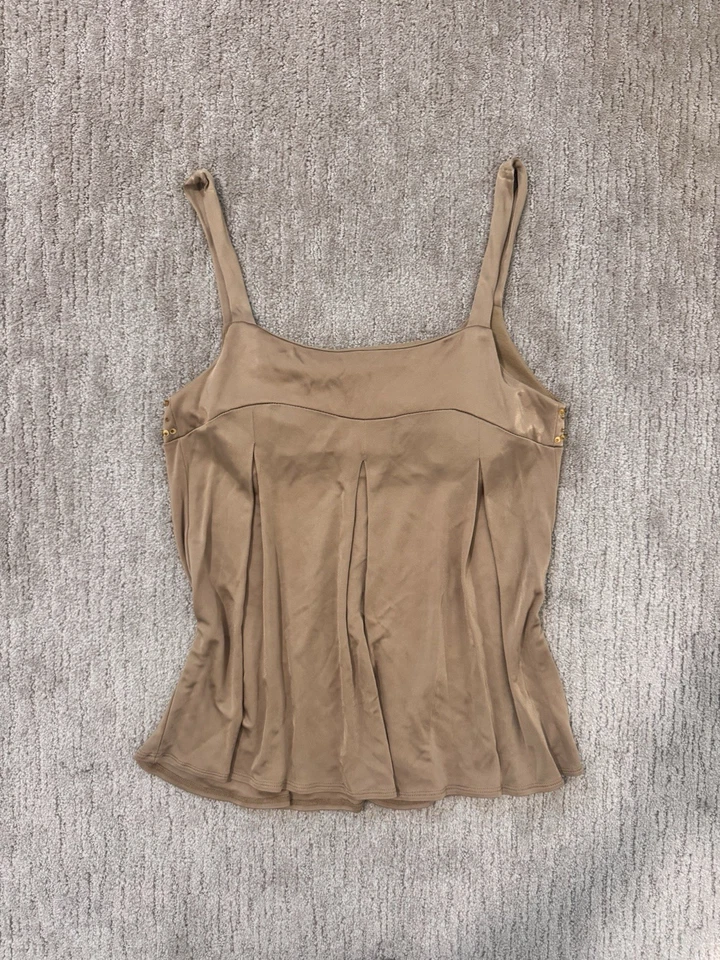 Moda International Vintage Beaded Sequin Tank Top Cami Tan Pleated Small Y2K 90s - Image 3 of 4