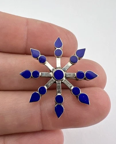 Vtg Vera Halusewa Zuni Sterling Silver Lapis Lazuli Snowflake Pin Brooch Pendant