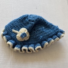 Vintage Crochet Doll or Baby Hat Blue Bonnet with White Flower Ruffled Brim READ