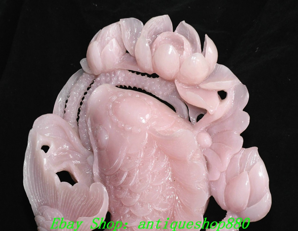 15.7''Chinese Natural Pink Xiu Jade Carving Lotus Flower Fish Carp
