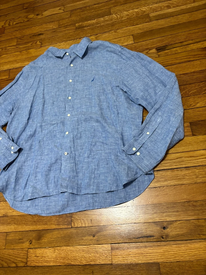 Nautica Men’s Size XXL 2XL 100% Linen Button Down Shirt Blue Long Sleeve - Image 2 of 4