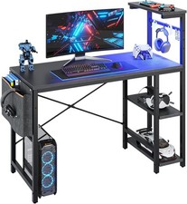 Computer Desk with Shelves Small Corner Desk with LED Lighting 113CM Reversible 