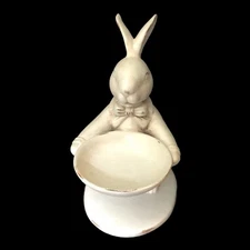 Easter Bunny Rabbit Holding Egg Candy Dish Spring Decor Gray Distressed