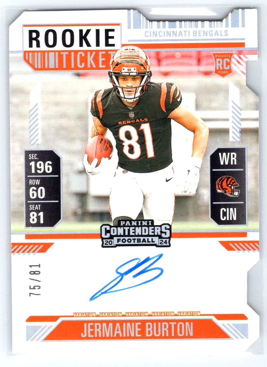 Jermaine Burton 2024 Contenders Rookie Ticket Stub Auto! 75/81! Bengals