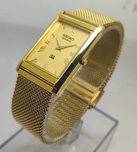 Vintage Seiko Slim Tank Quartz Men Golden Dial Dress Watch-Free DDP Shipping