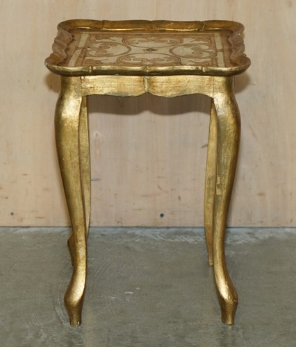 LOVELY ANTIQUE 1930 FLORENTINE VENETIAN HAND PAINTED & GILT NEST OF THREE TABLES - Picture 20 of 21