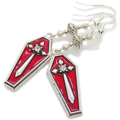 Spooky Halloween Red Enamel Coffin Earrings By SoniaMcD