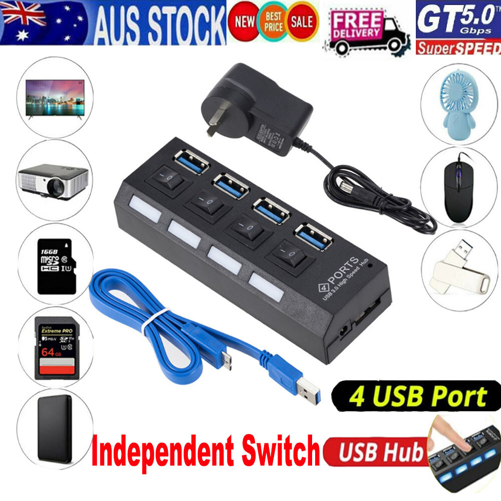 7 Ports USB Hub 3.0 Powered High Speed Splitter Extender Cable On/Off ...