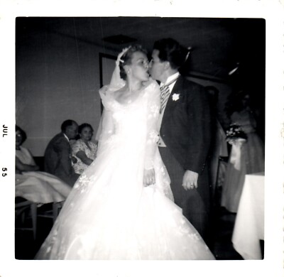 Vtg Found Photo 1955 Newlywed Married Couple Share Romantic Kiss at Reception