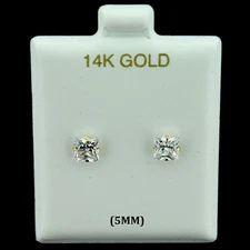 14K Real Solid Gold 5mm Princess Cut Square CZ Stud Earrings, Men Women