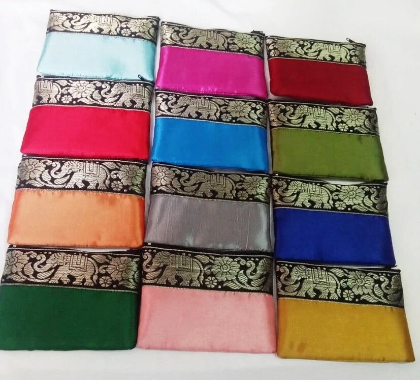 100Pcs Thai Elephant Bag Silk Purse Wallet Coin Card Zipper Souvenir Embroidered - Image 2 of 4