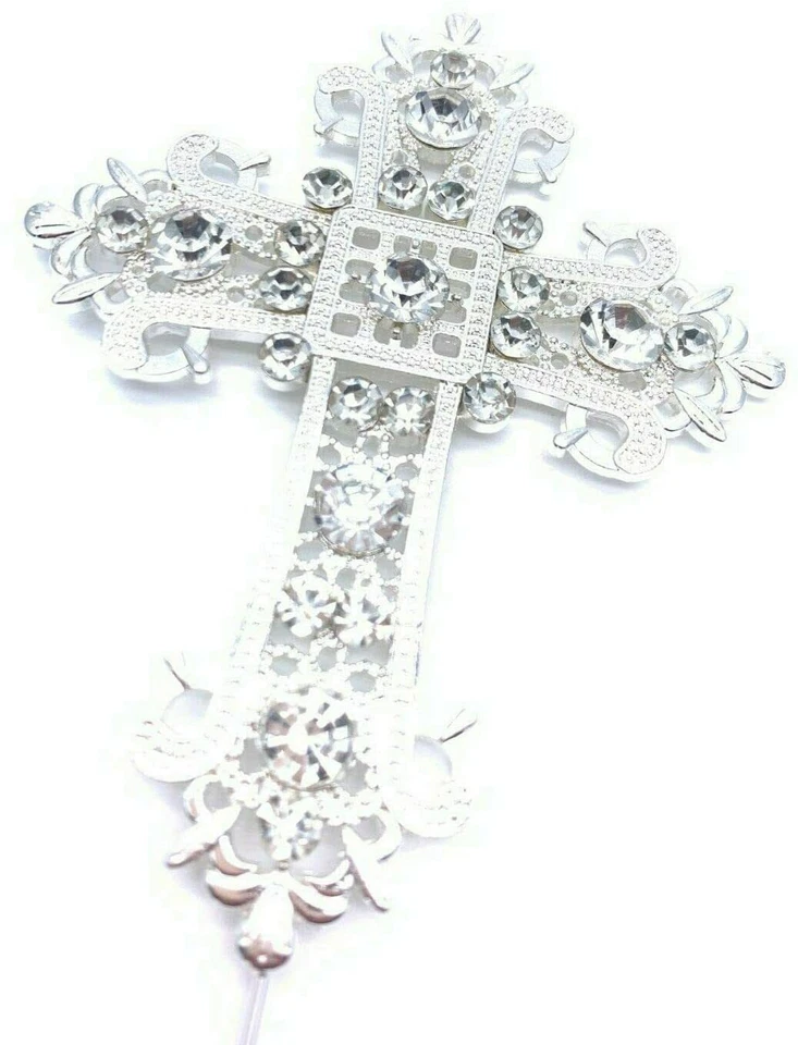 Torta Croce Diamante Argento Diamante Pick Topper Decorazione Comunione Battesimo
